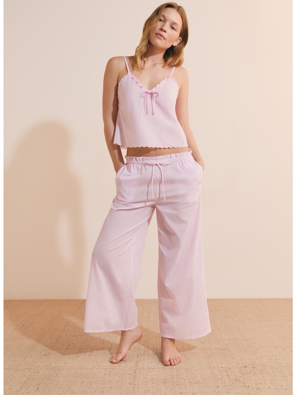NWT ETAM ‘Time’ Cotton Pajama Set Light Pink Striped Crop Cami & Wide-Leg Pants